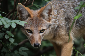 Fototapeta premium Close-up portrait of a golden jackal in a natural setting. Showing animals in their natural habitat.