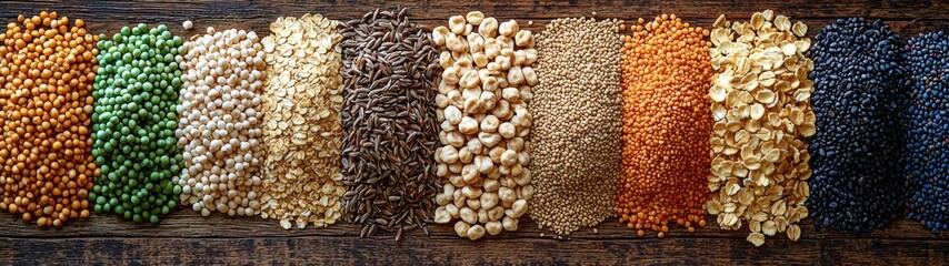 A vibrant collection of legumes, grains, and cereals arranged neatly on a rustic wooden surface showcases a diverse range of