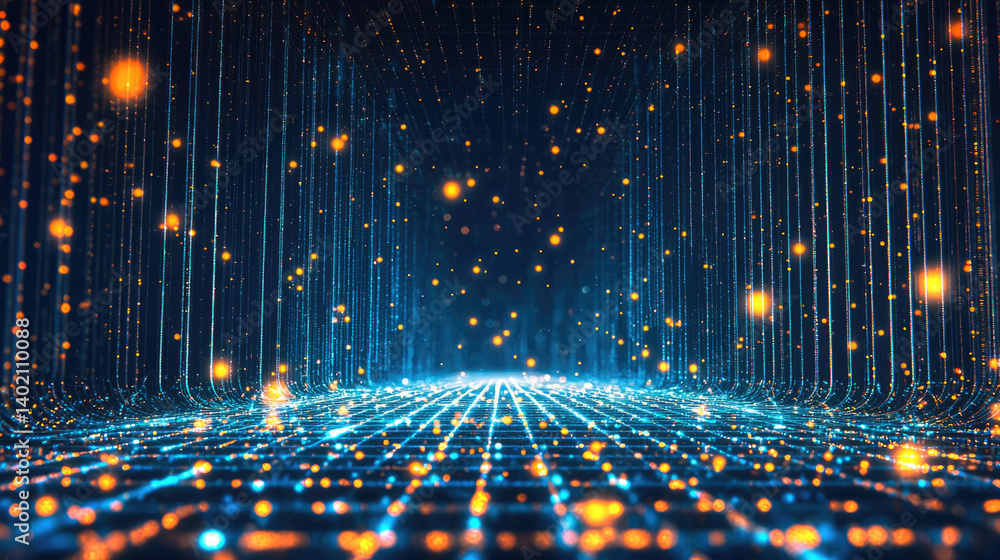 Poster Digital technology landscape with glowing particles and lines creating futuristic environment, evoking sense of innovation and exploration