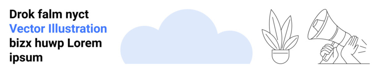 Blue cloud in center, outlined potted plant and megaphone on sides. Ideal for teamwork, strategy, marketing, sustainability, growth, technology, flat landing page banner