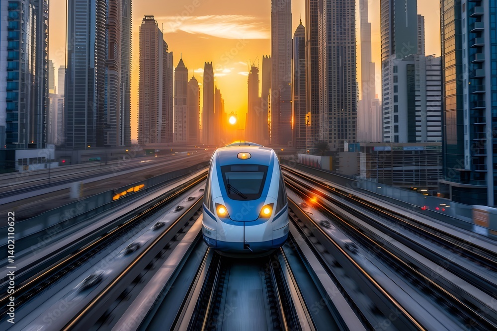 Aufkleber 都市のスカイラインと夕日の背景に走る高速都市交通機関の電車