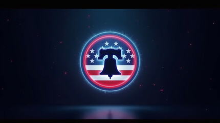 A vibrant digital Liberty Bell icon glowing with red and blue neon light against a dark background celebrating American heritage and patriotism with a futuristic tech inspired design