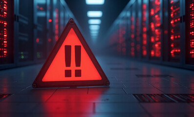Red Warning Sign in Data Center Indicating System Error and Security Breach
