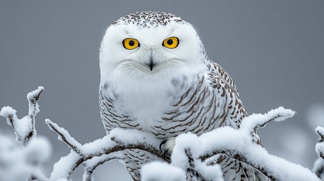 Snowy Owl perched on snowy branch