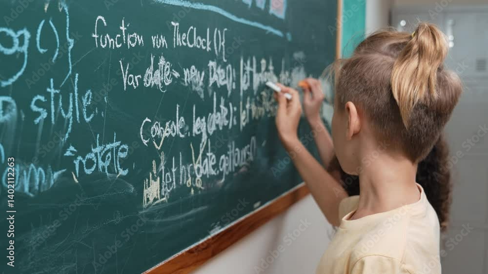 Poster diverse student studying coding engineering prompt while writing answer on blackboard. intelligence 