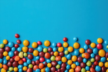 Obraz premium Colorful candy sweets border a blue background with copy space above. Great for illustrating treats, kids content, or a sweet background.