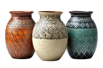 Three handcrafted ceramic vases intricate designs earthy tones rich textures unique patterns artisan