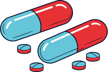 64 Glossy pill capsules, red and blue, large scale, high contrast, reflective surface, pharmaceutical illustration, clean background, minimalist design, product photography, 3D rendering, Matrix refer