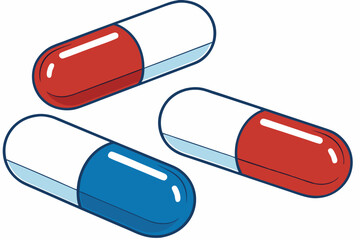 64 Glossy pill capsules, red and blue, large scale, high contrast, reflective surface, pharmaceutical illustration, clean background, minimalist design, product photography, 3D rendering, Matrix refer