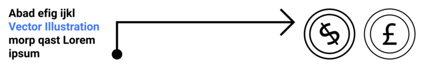 Black arrow connecting a starting dot to circular dollar and pound icons. Ideal for finance, currency exchange, international business, banking, trade, economics, abstract line flat metaphor