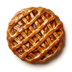 A freshly baked apple pie with golden lattice crust caramelized apple filling and cinnamon dusting, isolated white background, hyperrealism art style