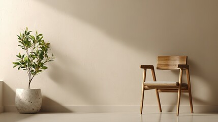 A minimalist room featuring a wooden chair and potted plant.