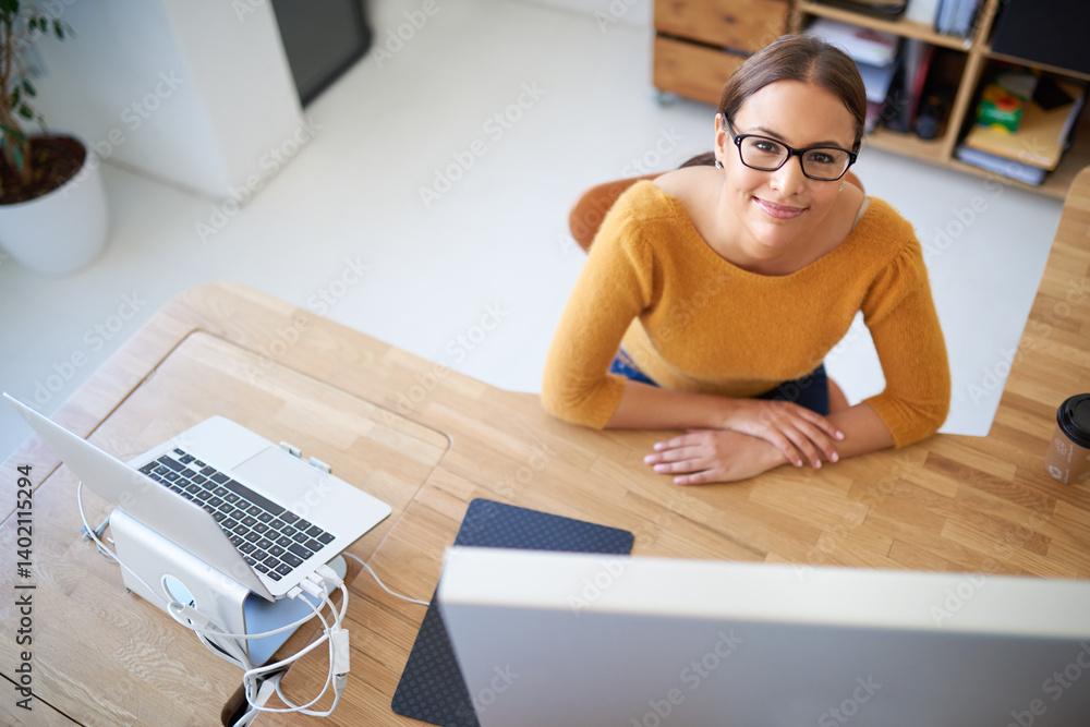Aufkleber Above, woman and project on computer in office with creative web developer, coding or research online. Happy, person and development of company website, app or programmer at desktop for productivity