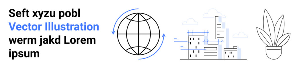 Globe with circular arrows, urban city skyline with skyscrapers, and potted plant promoting eco-friendliness, modernization, and global relations. Ideal for sustainability, technology, global trade