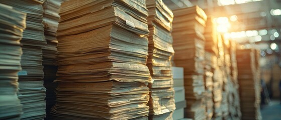 Fototapeta premium High stacks of aged paper documents fill a warehouse storage facility du the day.