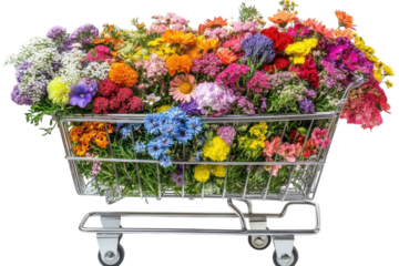 A vibrant shopping cart overflowing with colorful wildflowers a breathtaking summer bouquet bright