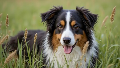 Happy Tricolor Dog Sitting in a Sunlit Wheat Field