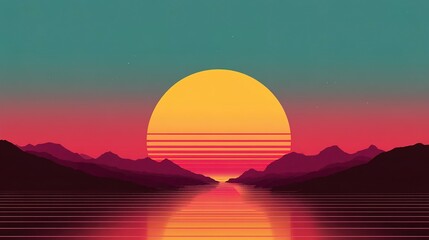 Fototapeta premium A vibrant retro sunset over a stylized landscape.