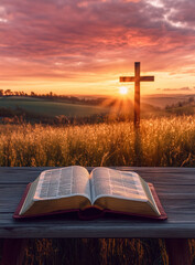 A beautiful sunrise with an open Bible and cross, Bible, Religious Cross, Religion, Belief, Sunrise background