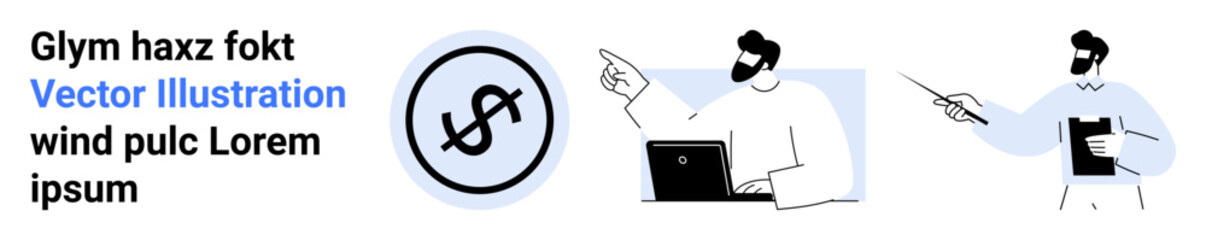 Business professionals pointing at screens and visuals with dollar sign in focus. Ideal for finance, teamwork, strategy meetings, investment, collaboration, education, simple landing page