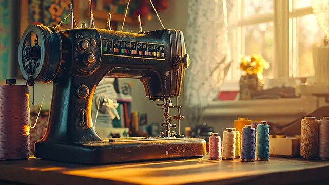 Vintage sewing machine on wooden table, bathed in sunlight, surrounded by colorful thread spools in a cozy sewing room