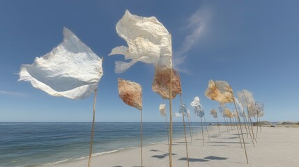 Beach Art Installation  Fabric Flags  Coastal Scene  Whimsical  Romantic