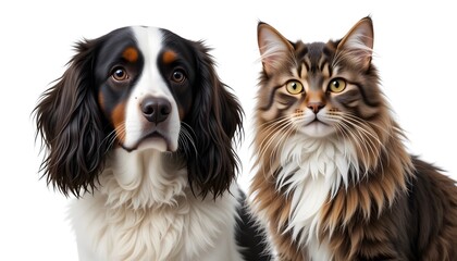 Obraz premium Fluffy Dog and Cat Sitting Side by Side Looking at Camera