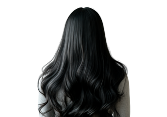 Back view of shiny straight long black hair isolated on transparent background
