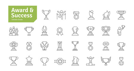 Award and Success Line Icons Set. Achievement, Sport, Trophy, Medal, Champion, Winner, Leadership, Competition Icons. Editable Stroke Vector Illustration.