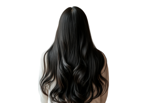 Back view of a womans head with long, black hair isolated on transparent background