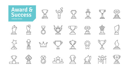 Award and Success Line Icons Set. Achievement, Sport, Trophy, Medal, Champion, Winner, Leadership, Competition Icons. Editable Stroke Vector Illustration.