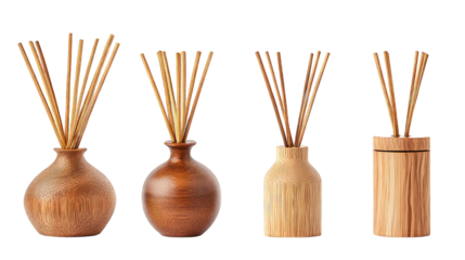 Collection of Wooden essential oil diffuser bottle with wooden sticks isolated on transparent background