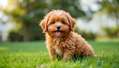 Cute Reddish-Brown Puppy Sitting on Green Grass