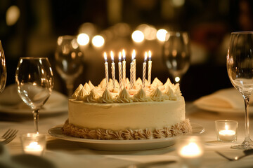 A beautifully decorated birthday table featuring a delicious cake with lit candles, A delicious elegant cake, Beautiful decorated cake, Celebration cake, Restaurant background.