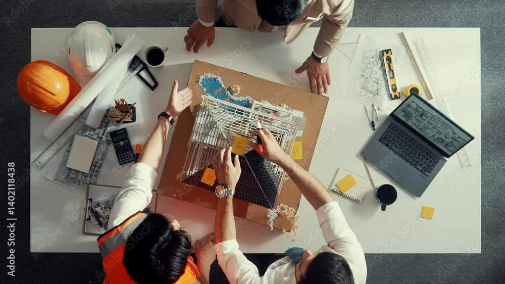 Poster top aerial view of architect engineer team stick sticky notes on house model while working together 