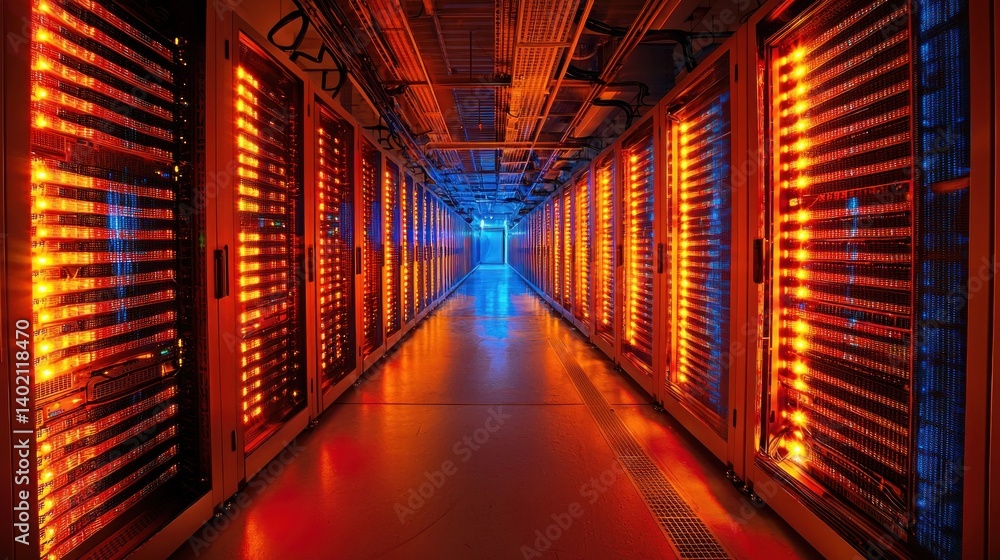 Aufkleber high-tech data center with illuminated server racks and cables