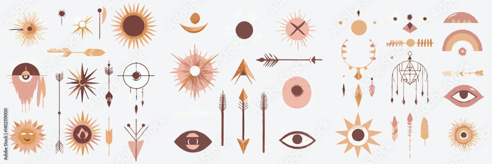 Aufkleber modern set of hand-drawn boho vector elements and doodle objects.