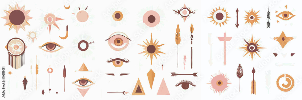 Poster modern set of hand-drawn boho vector elements and doodle objects.