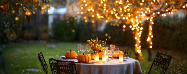 A beautifully arranged outdoor dinner table adorned with pumpkins, candles, and autumn decor, Family dinner, Family gathering, Dining Table, Autumn background.