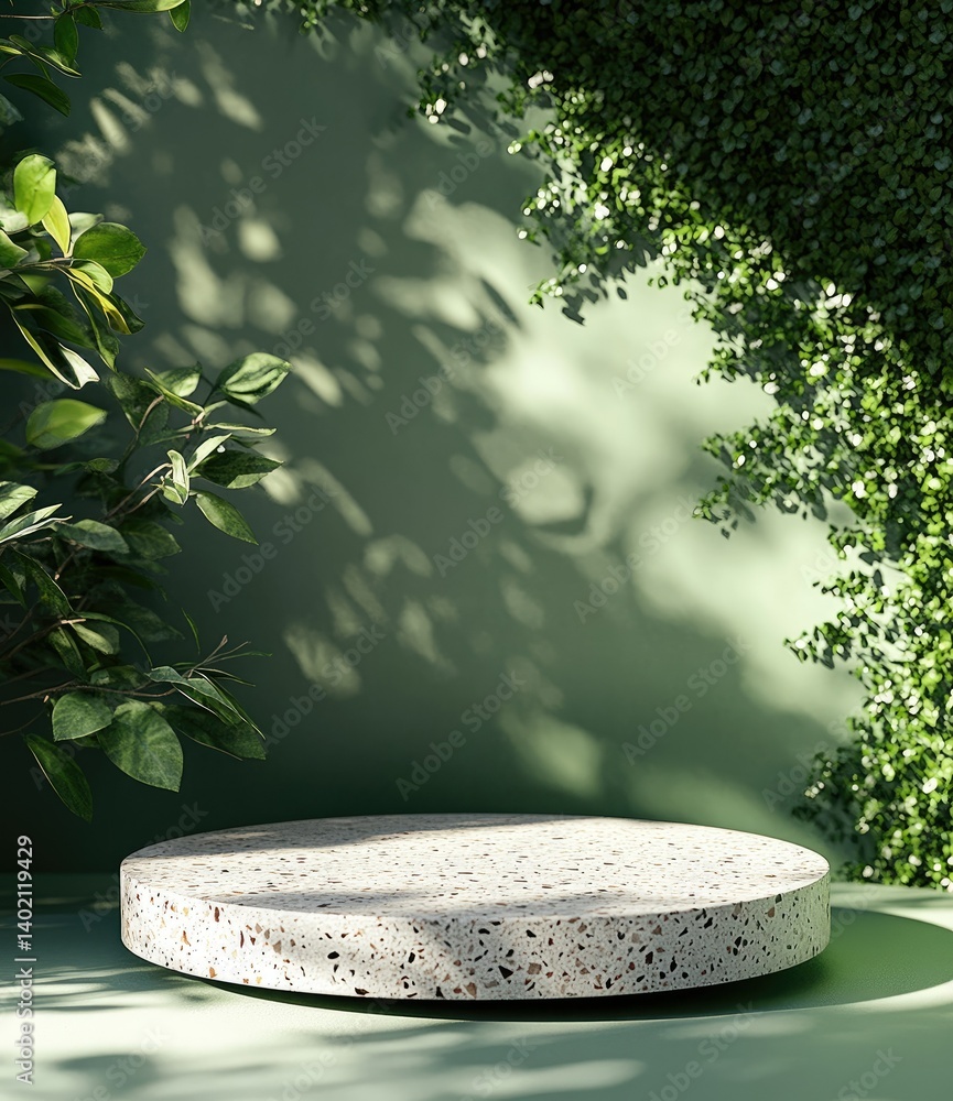 Poster a serene interior scene featuring a round terrazzo table adorned with two small potted plants. surro