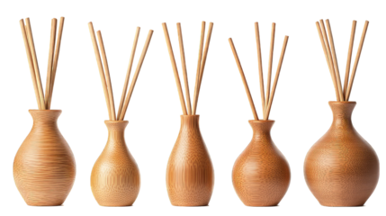 Collection of Wooden essential oil diffuser bottle with wooden sticks isolated on transparent background