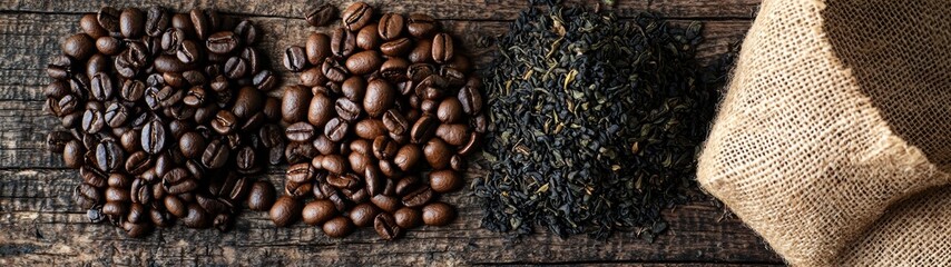 Obraz premium Aromatic coffee beans and loose leaf tea rest on a rustic wooden surface next to a burlap sack.