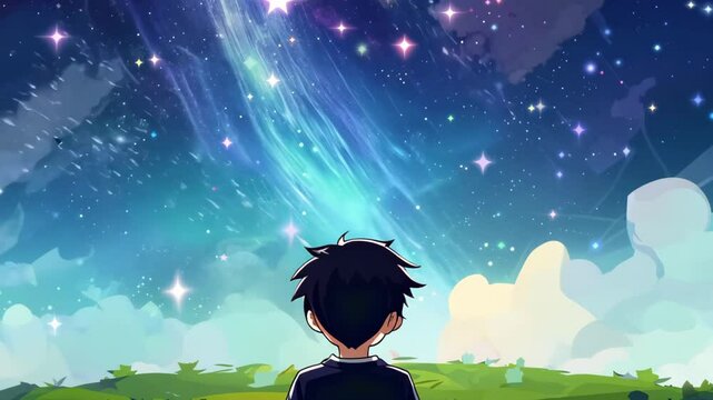 Young Boy Sitting on a Hill Under a Starry Night Sky in Anime Style