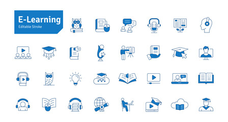 E-learning Blue Line Icons Set. Education, Teaching, Online Study, Audiobook, Podcast, Video Course, Seminar, Library, Graduation Icons Editable Stroke Vector Illustration