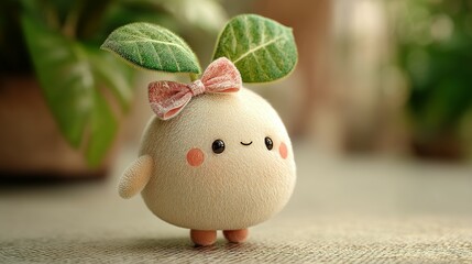 A cute, fluffy, plant-themed plush toy with a pink bow.