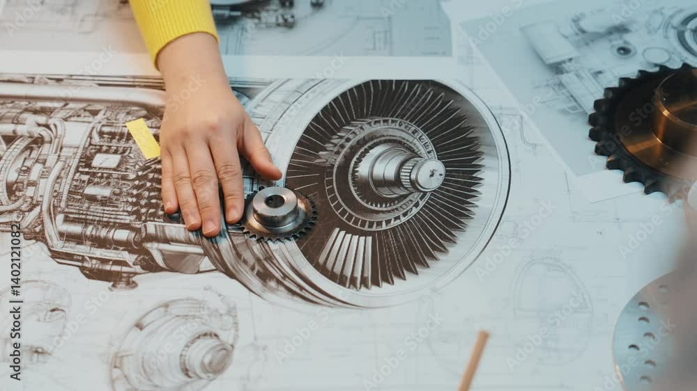 Poster this image shows hands working on intricate mechanical parts alongside technical drawings in a works
