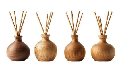 Collection of Wooden essential oil diffuser bottle with wooden sticks isolated on transparent background