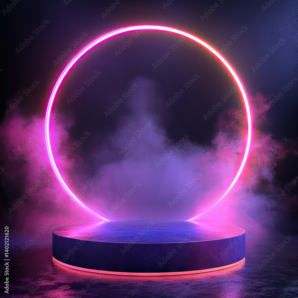 Aufkleber a glowing neon circular frame suspended above a round platform. surrounded by colorful smoke. creati