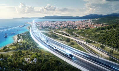 Fototapeta premium High-speed train coastal journey, scenic background