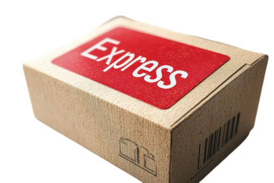 Fast express delivery package arrives soon a cardboard box with a red label sharp focus product shot
